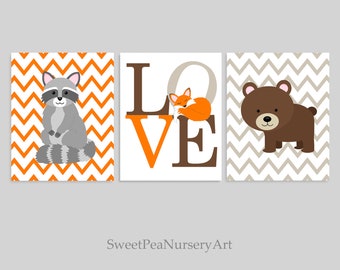 Woodland Nursery Art Prints: Fox, Bear, Raccoon Decor