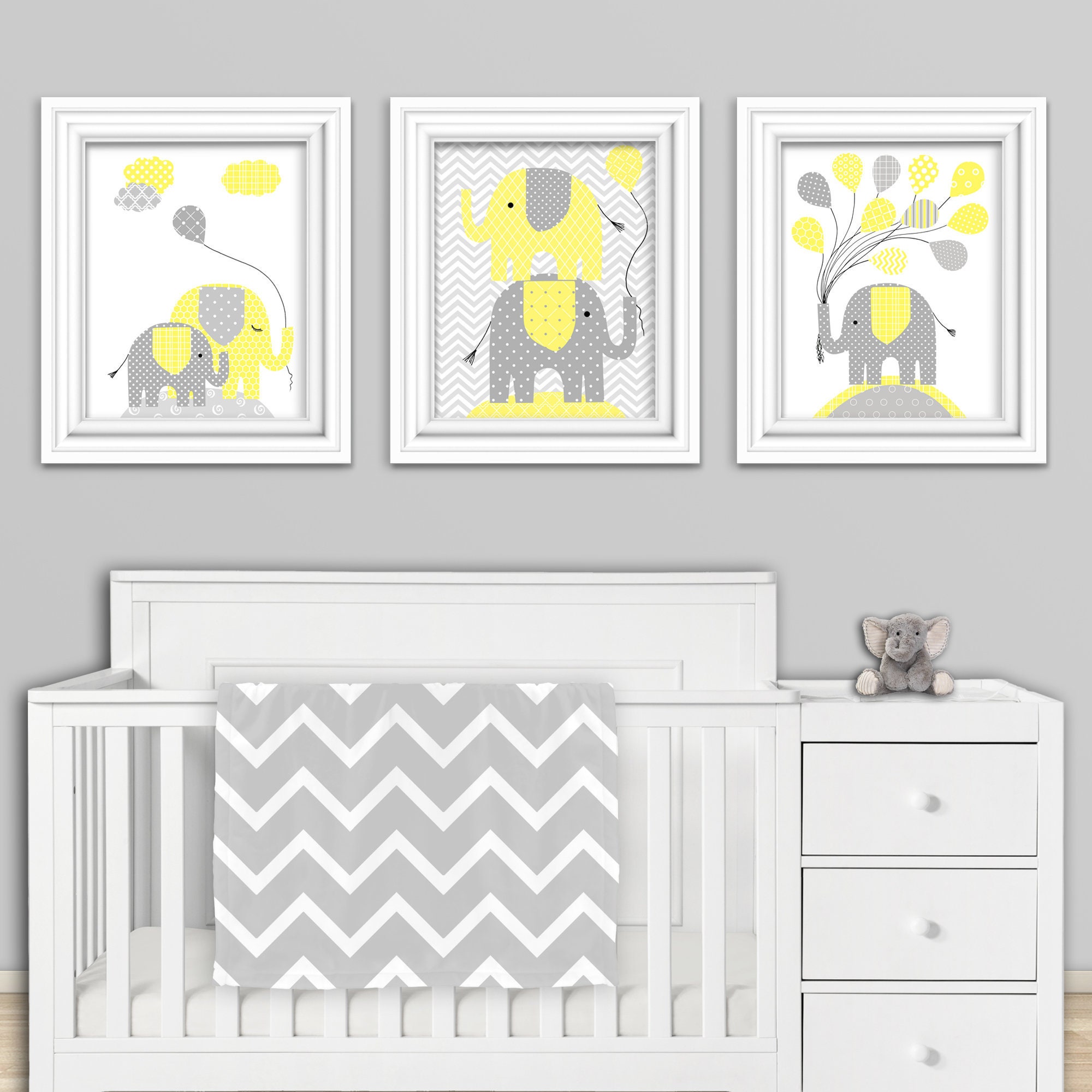 Gray and Yellow Nursery Art Elephant Balloons Gender Neutral Etsy