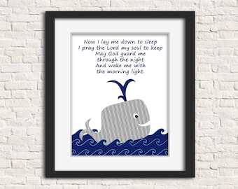 Nautical Nursery Decor, Whale Nursery Art, Now I Lay Me Down To Sleep, Nursery Prayer, Nautical Decor for Boy, Baby Boy Christian Artwork