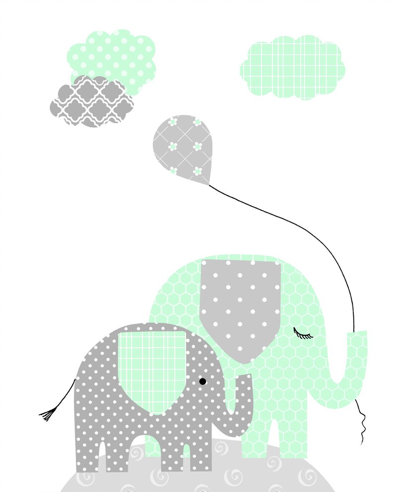 Elephant Nursery Wall Art Mint and Grey Girl's Room | Etsy