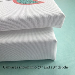 May include: Two white canvas prints are stacked, showcasing different depths. The top canvas is 0.75 inches deep, and the bottom canvas is 1.5 inches deep. The canvases have a textured surface and are displayed against a light blue background.