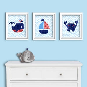 Nautical Nursery Art, Baby Boy Nursery Decor, Red White Blue Nautical Decor, Navy Blue, Whale, Sailboat, Crab, Chevron, Baby Boy Nursery Art