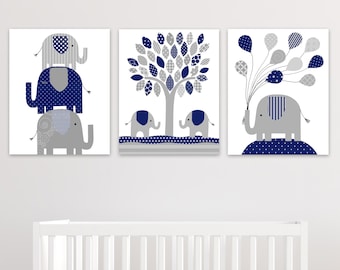 Elephant Nursery Decor Navy Blue And Grey Gender Neutral Etsy