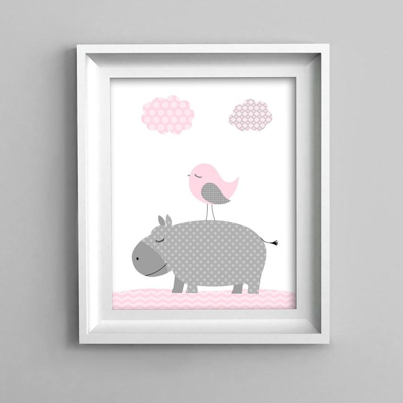 Hippo Baby Decor Safari Nursery Grey and Pink Baby Girl Etsy
