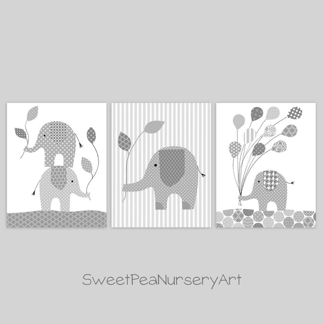 Gray and White Elephant Nursery Art Gender Neutral Baby Decor Etsy