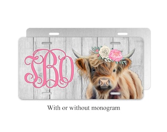 Personalized Highland Cow Front Car Tag with Monogram, Highland Cow License Plate for Front of Car, With or Without Monogram