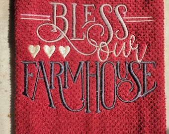 Embroidered Kitchen Towel, Bless Our Farmhouse, Farmhouse gifts, farmhouse decor, farm kitchen gifts,