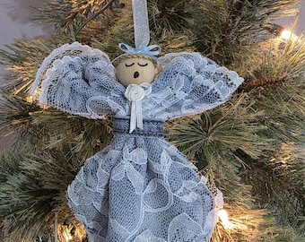 Upcycled Denim and Lace Angel, Upcycled Denim Pocket angel, Denim and Lace