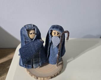 Upcycled Denim Nativity Figures. Denim Mary and Joseph figures.