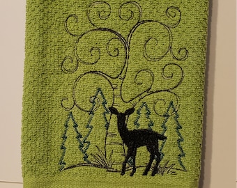 Embroidered Deer Kitchen towel, Deer silhouette,  deer decor, deer gifts, deer hunter, deer lover, deer kitchen,