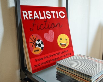 May include: A red sign with the words "REALISTIC Fiction" in white and black. The sign includes a basketball, soccer ball, football, heart, and smiling emoji. The text "Stories that are made up but could actually happen in real life" is also included.