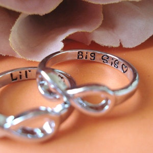 Set of 2 EA Infinity Rings...silver "Big Sis and Lil Sis with a heart" custom engraved ring , big and little sisters ring, Sorority gift