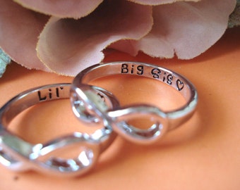 Set of 2 EA Infinity Rings...silver "Big Sis and Lil Sis with a heart" custom engraved ring , big and little sisters ring, Sorority gift