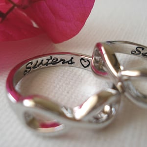 Set of 2 Infinity Rings...silver &quot;Sisters with a heart&quot;  big and little sisters ring, forever and always, Sorority gift
