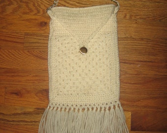 Vintage Off White Crochet Knitted Flap Closure Gold Button Gold Chain Shoulder Strap Crossbody Messenger FringeLong Rectangular Boho Handbag