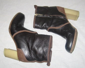 VTG Bettye Muller Made Italy Color Block Black Brown Cream Side Zipper Chunky High Heels Fashion Above Ankle Leather Vero Cuoio Boots 36 1/2