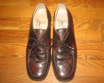 Vintage Joan Helpern Signature Brown Chunky Wooden Platform High Heel Laced Harlequin Stitch Leather Oxford Mary Jane Leather Shoes Size 38