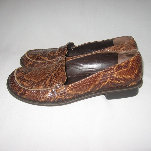 Vintage Via Spiga Made In Italy Vero Cuoio Leather Snake Skin Reptile Brown Tonal Oxford Loafers Pull On Boho Shoes Size 9 1/2 M