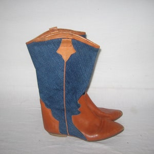 VTG Seychelles Made Italy Leather Denim Color Block Low Heel Pointy Toes Western Cowboy Two Tone Calf High Slouch Boho Grunge Hippie Boots 6