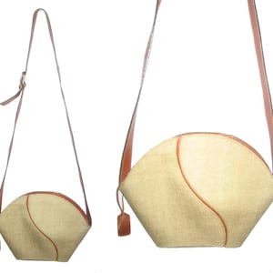 Vintage Adorable Genesis By Sabine Handbags Beige Fabric Cognac Tan Brown Genuine leather Crescent Zipper Pouch Cross Shoulder Boho Handbag