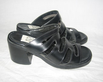 VTG Planet "Whirl" Made In Mexico Black Chunky Hard High Heels Caged Peep Toe Club Kid Grunge Goth Women Slide Sandals Leather Shoes Size 6