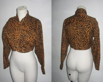 Vintage Animal Print Grunge Goth Buttoned Pockets Cropped 100% Cotton Multi-Functional Bolero Jacket Blouse Top w/ Pockets  Size Small