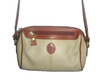 vintage Liz Claiborne Accessoires Crème Cognac Fermeture à glissière Bandoulière réglable Sac à main en cuir grainé