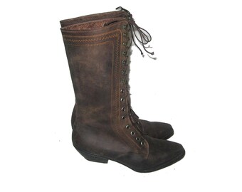 Vintage Gerard's Made In Brazil Brown Embroidered Stitch Lace Up Chunky Heel Grunge Boho Victorian Granny Thigh HIgh Leather Boots Size 7