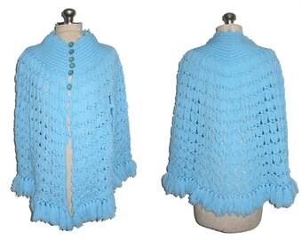 Vintage Stunning Blue Open Stitch Crochet Knitted Buttoned Fringe Sweater Multifunctional Shawl Cover-Up Cloak Cape Jacket Poncho Outerwear