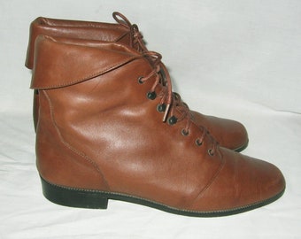 Botas vintage Westies "Thorelle 2" de cuero marrón con cordones y tacón plano hasta el tobillo, estilo abuela, estilo grunge, estilo hipster, estilo bohemio, estilo pixie, 8 1/2