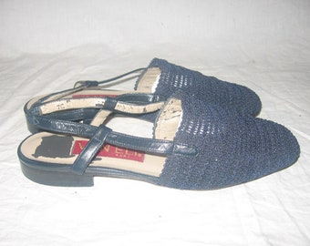 VTG Van Eli East Navy Blue Stretch Macrame Vero Cuoio Leather Combination  Flat Heel Sling Back Slip On Square Toe Sandals Shoes Size 7 C