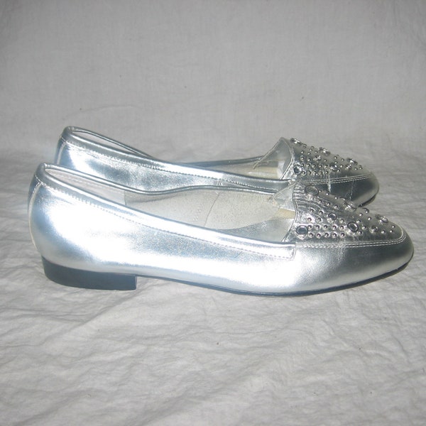 Vintage Sebastino Brock Leather Upper Balance Manmade Metallic Silver Studs Clear Jewels Leather Loafers Low Heel Ballet Flat Shoes Size 7N