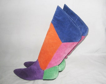 VTG Bootalinos Multicolor Blue Pink Orange Green Purple Black Low Heels Slanted Hi Lo Thigh High Grunge Hippie Boho Suede Leather Boots 7