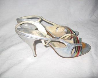 Vintage Vergelio Milano Silver Multi-color Slingback Strappy Sandals High Heels Stiletto Shoes Size 36 EU 5 1/2 US