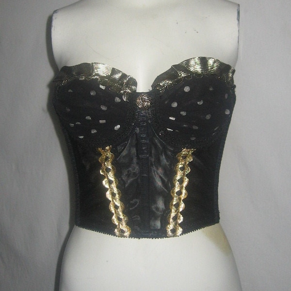 Vintage Madonna Esque Made In USA Black White Polka Dot Chiffon Mettalic Gold Ruffle Ric Rac Soutache Padded Bra Tube Bustier Top Size 34A