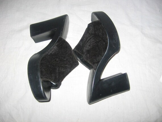 Vintage Black Velvet Fabric Chunky Platform Rubbe… - image 2