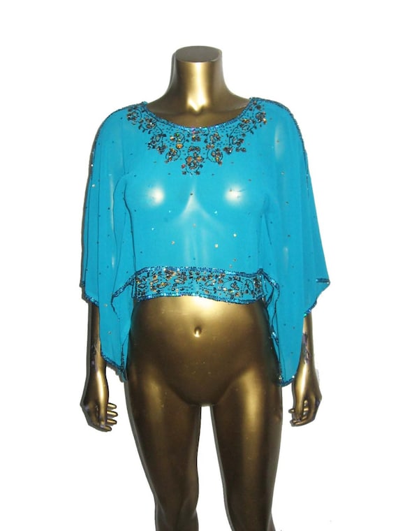 【在庫あり】 VTG Teal Multi-color Sequins Beads Embellish See Thru Sheer トップス