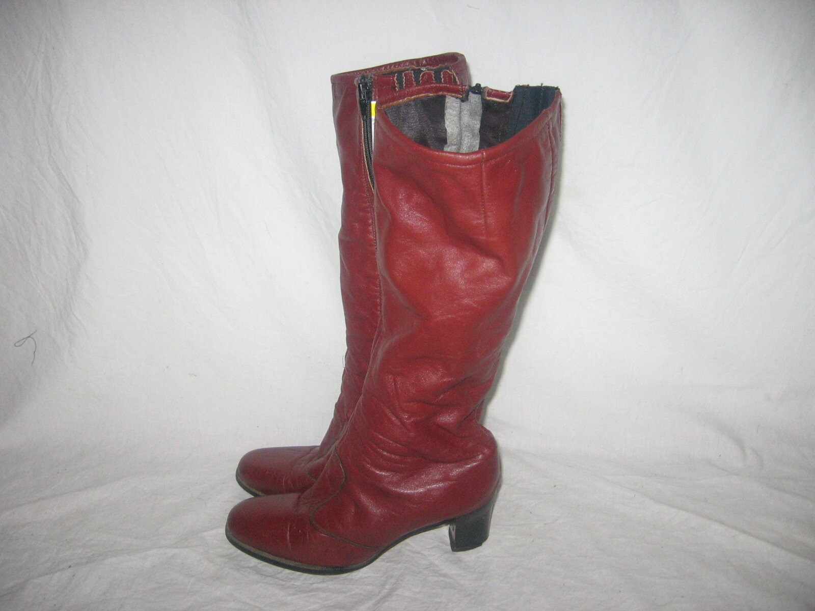 Vintage Cognac Brown Calf High Side Zipper High Chunky Heel Leather ...