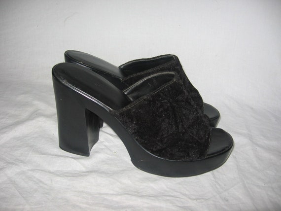 Vintage Black Velvet Fabric Chunky Platform Rubbe… - image 1