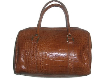 Vintage Vivace Brown Tan Embossed Reptile Finish Leather Duffle Handbag