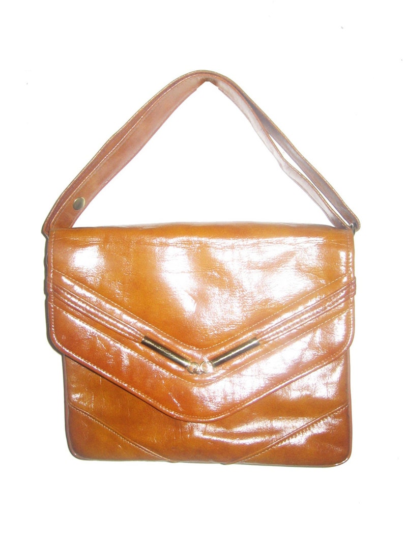 Vintage Tan Gold Metal Flap Closure Multi Compartment Shoulder Strap Hippie Boho Disco Mod Vinyl Handbag 8 H x 9 3/4 L x 5 W image 1