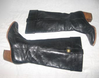 VTG Coach Fayth Black Gold Studs Chunky Wooden Heels Pull On Fold Over Cuffed Thigh High Boho Riding Leather Boots 8B