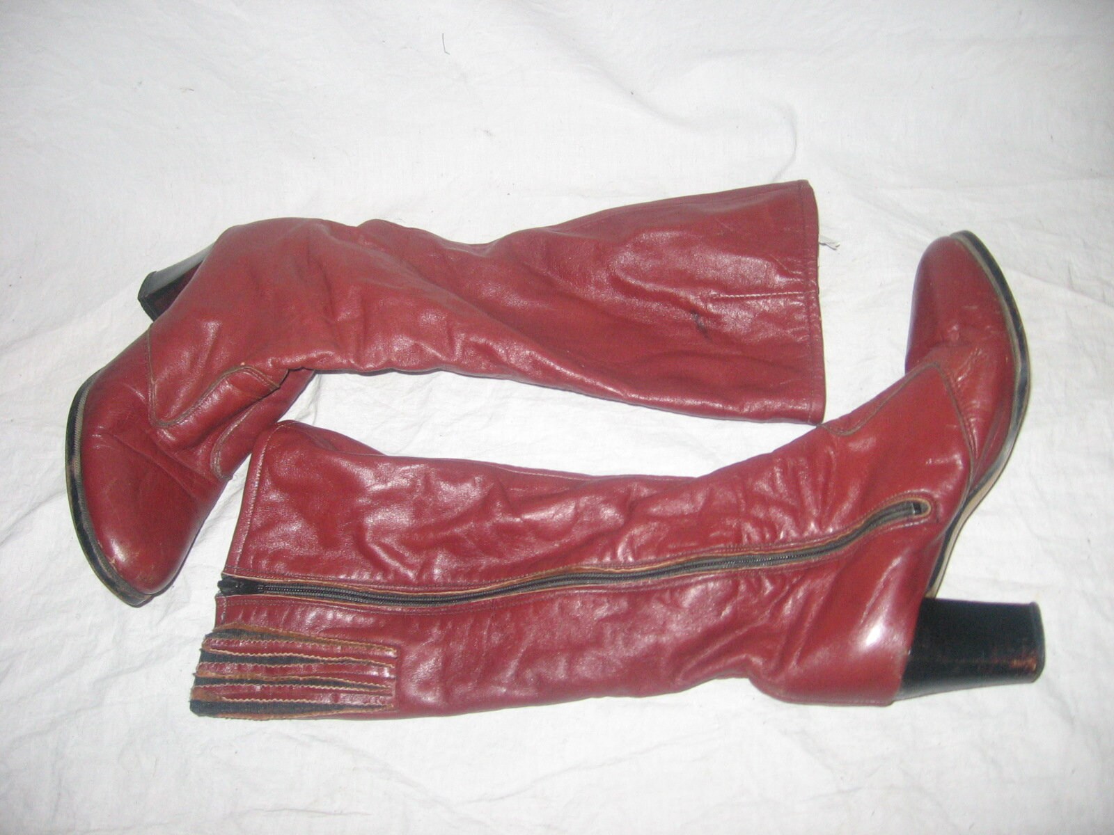 Vintage Cognac Brown Calf High Side Zipper High Chunky Heel Leather ...