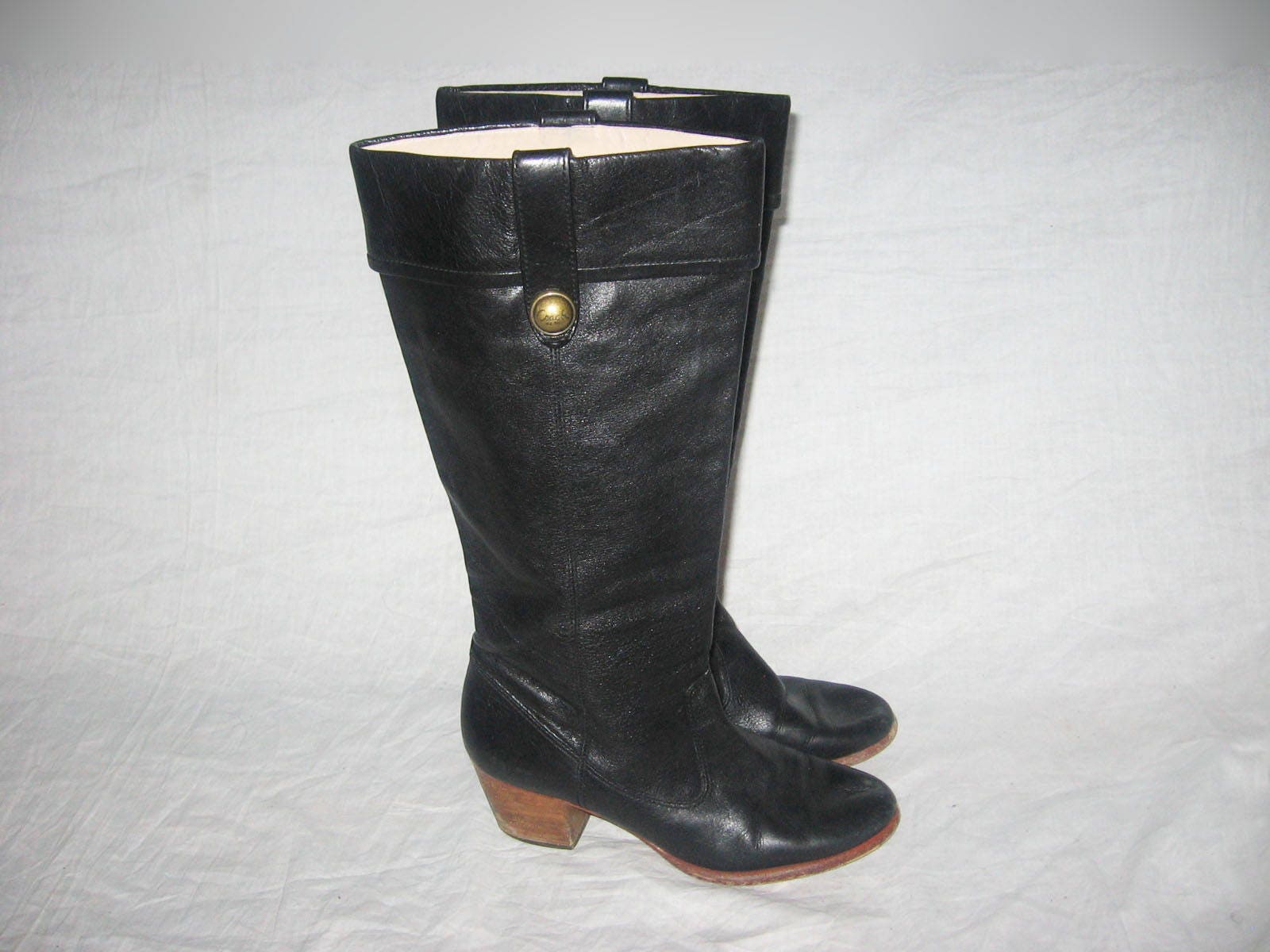 VTG Coach Fayth Black Gold Studs Chunky Wooden Heels Pull on Fold