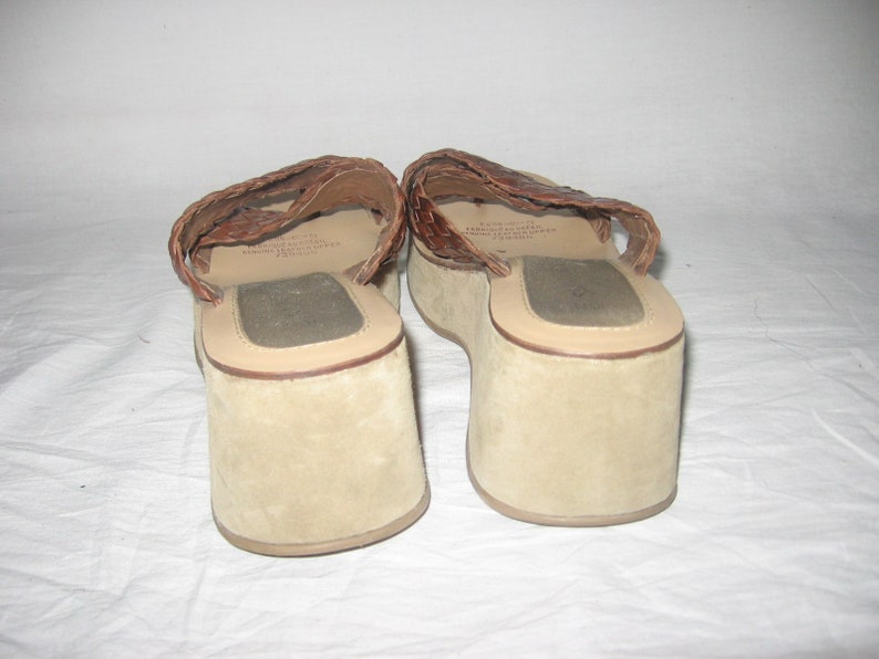 VTG Sunflowers Made Brazil Brown Beige Woven Criss Cross Strap Cut Out Thong High Wedge Heel Boho Grunge Suede Leather Sandals Shoes Size 10