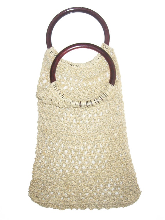 Vintage Natural Crochet Macrame Straw String Tote… - image 4