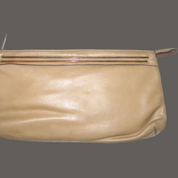 Vintage Letisse Beige Gold Large Leather Clutch Disco Boho Large Long Handbag