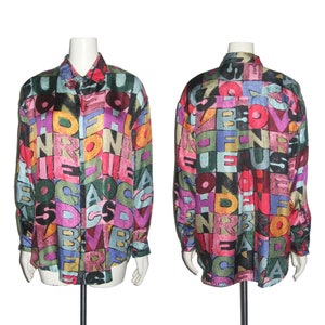 Vintage Xinqu Vibrant Multi-color Words Printed Art Oversize Buttoned Silk Shirt