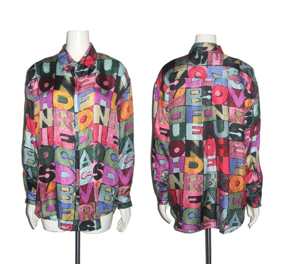 Vintage Xinqu Vibrant Multi-color Words Printed Art Oversize Buttoned Silk Shirt