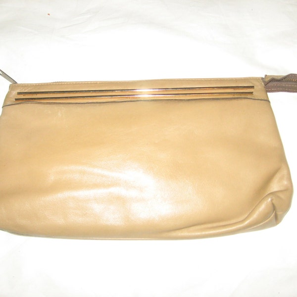 Vintage Letisse Beige Gold Large Leather Clutch Disco Boho Large Long Handbag